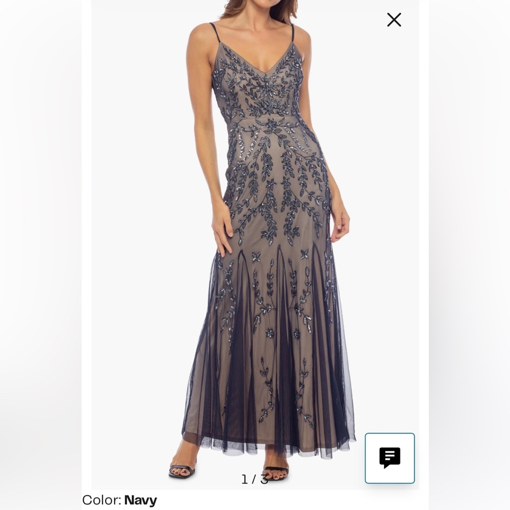 Navy Beaded V-Neck Gown